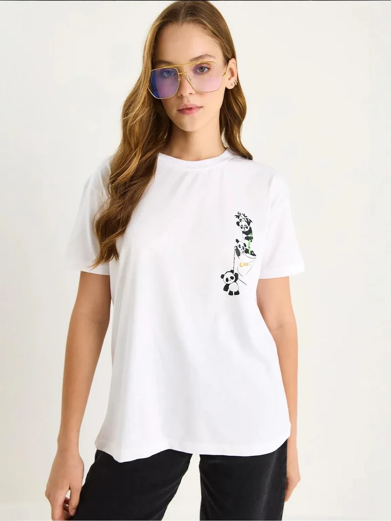 Bianco Lucci White LUCCI Printed Crew Neck T-Shirt with Back Print for Women | Best Price UAE