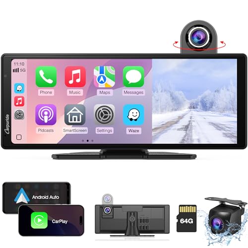 Carpuride 2025 Carpuride Wireless Carplay & Android Auto with Dash Cam - 10.26 Inch HD IPS Touch Car Play Screen for Car, 4K Front & 1080P Rear Camera, Loop Recording, Bluetooth Audio, Mirror Link, GPS, Siri - Image 1