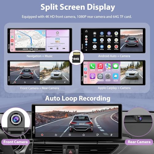 Carpuride 2025 Carpuride Wireless Carplay & Android Auto with Dash Cam - 10.26 Inch HD IPS Touch Car Play Screen for Car, 4K Front & 1080P Rear Camera, Loop Recording, Bluetooth Audio, Mirror Link, GPS, Siri - Image 2
