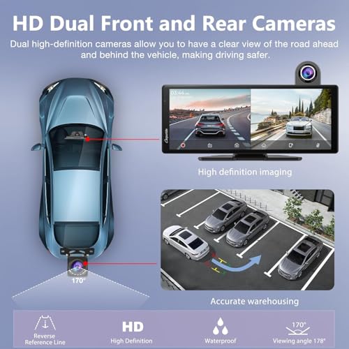 Carpuride 2025 Carpuride Wireless Carplay & Android Auto with Dash Cam - 10.26 Inch HD IPS Touch Car Play Screen for Car, 4K Front & 1080P Rear Camera, Loop Recording, Bluetooth Audio, Mirror Link, GPS, Siri - Image 3