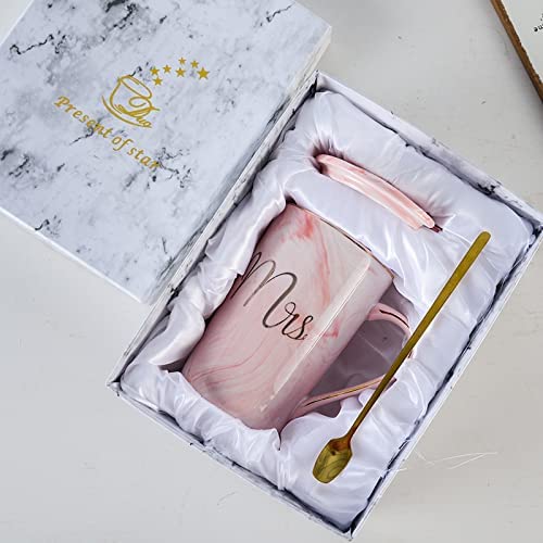 WEZOSHINET Coffee Mug with Lid and Spoon Ceramic Marble Finish Couples Gift for Anniversary Wedding Birthday Engagement Valentine Gifts for Couple MRS Mug with Lid - Image 1