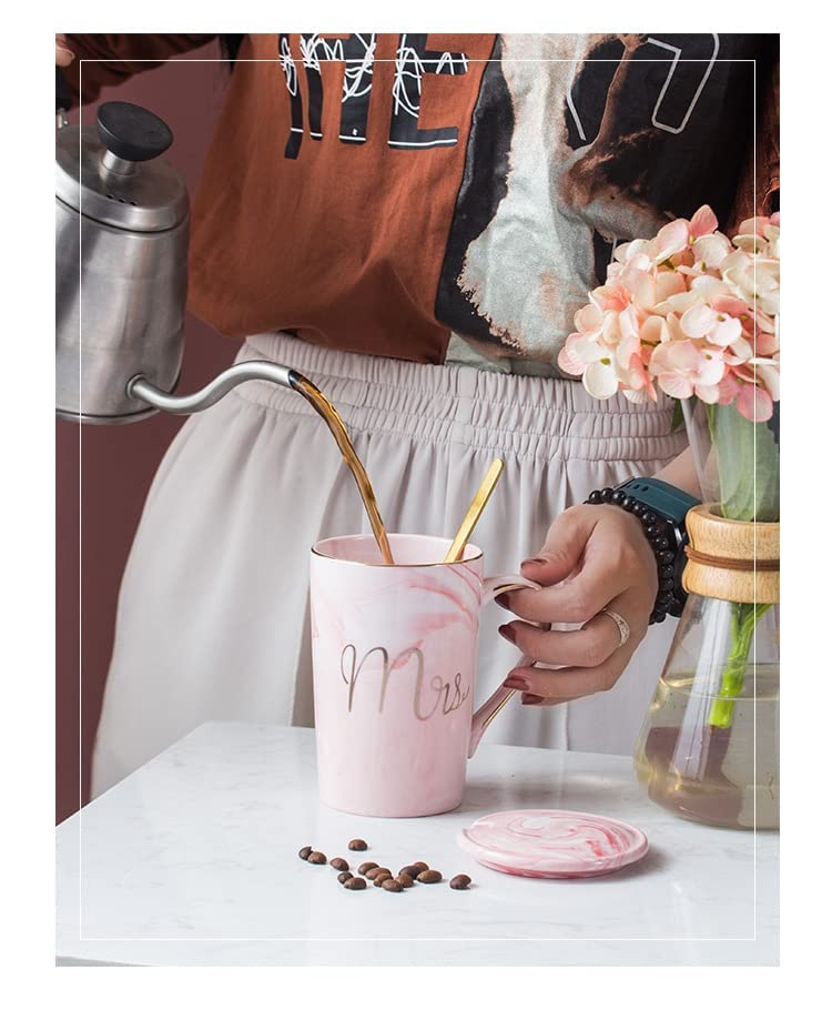 WEZOSHINET Coffee Mug with Lid and Spoon Ceramic Marble Finish Couples Gift for Anniversary Wedding Birthday Engagement Valentine Gifts for Couple MRS Mug with Lid - Image 4