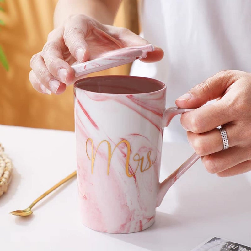 WEZOSHINET Coffee Mug with Lid and Spoon Ceramic Marble Finish Couples Gift for Anniversary Wedding Birthday Engagement Valentine Gifts for Couple MRS Mug with Lid - Image 2