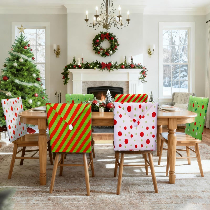 FOGWOWO 236x196 Inch Red Green Christmas Chair Covers Set of 6 Plush Santa Hat Chair Covers Polka Dot Stripe Christmas Dining Chair Covers Santa Hat Seat Covers for Xmas Party Home Dining Room Decor - Image 2