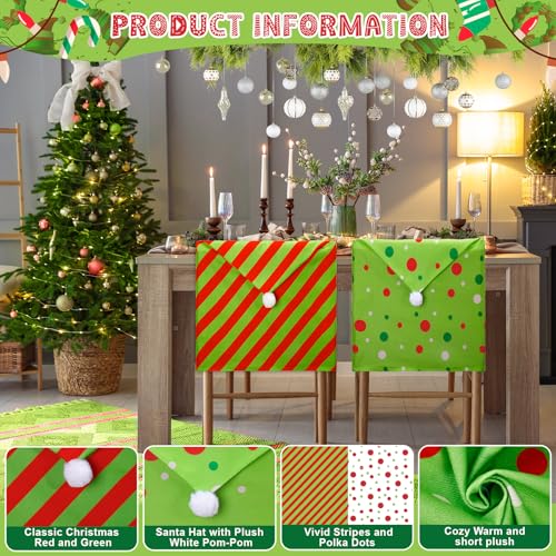 FOGWOWO 236x196 Inch Red Green Christmas Chair Covers Set of 6 Plush Santa Hat Chair Covers Polka Dot Stripe Christmas Dining Chair Covers Santa Hat Seat Covers for Xmas Party Home Dining Room Decor - Image 3