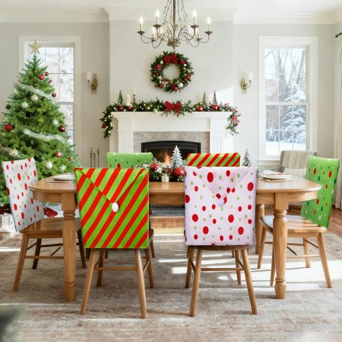 FOGWOWO 236x196 Inch Red Green Christmas Chair Covers Set of 6 Plush Santa Hat Chair Covers Polka Dot Stripe Christmas Dining Chair Covers Santa Hat Seat Covers for Xmas Party Home Dining Room Decor - Image 1