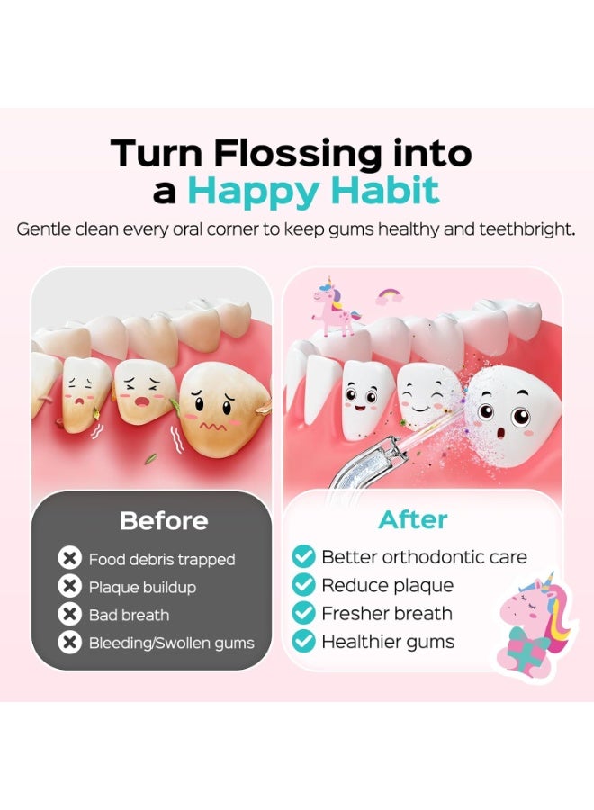 COSLUS Portable Water Flosser for Kids: 4 Gentle Modes for Ages 6+, Braces & Sensitive Teeth - with Fun DIY Stickers, 4 Storable Nozzles, Mini Compact for Home School & Travel Use, BPA-Free, Pink - Image 2
