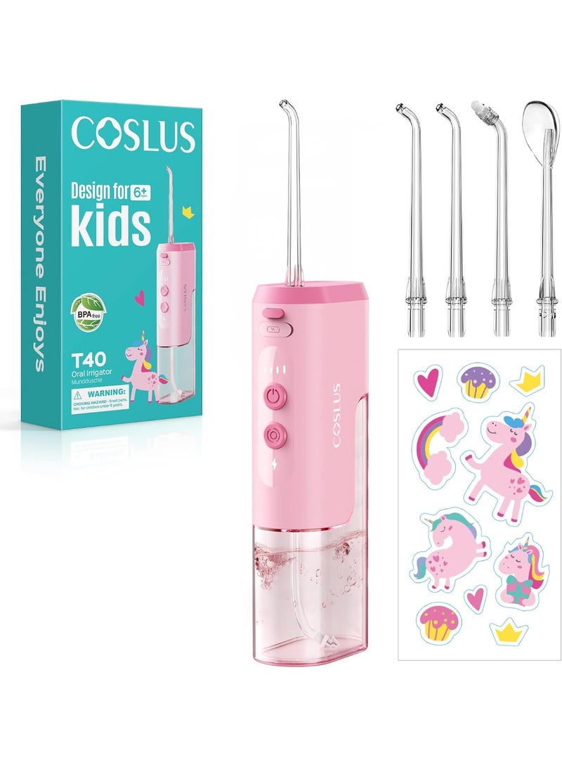 COSLUS Portable Water Flosser for Kids: 4 Gentle Modes for Ages 6+, Braces & Sensitive Teeth - with Fun DIY Stickers, 4 Storable Nozzles, Mini Compact for Home School & Travel Use, BPA-Free, Pink - Image 1