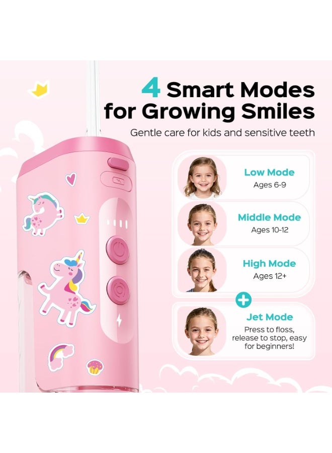 COSLUS Portable Water Flosser for Kids: 4 Gentle Modes for Ages 6+, Braces & Sensitive Teeth - with Fun DIY Stickers, 4 Storable Nozzles, Mini Compact for Home School & Travel Use, BPA-Free, Pink - Image 3