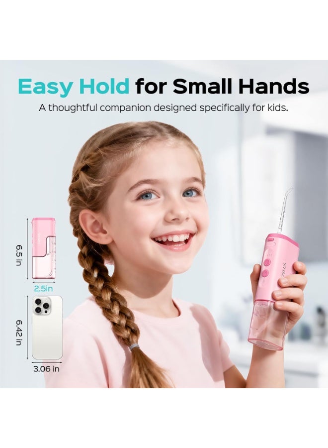 COSLUS Portable Water Flosser for Kids: 4 Gentle Modes for Ages 6+, Braces & Sensitive Teeth - with Fun DIY Stickers, 4 Storable Nozzles, Mini Compact for Home School & Travel Use, BPA-Free, Pink - Image 4