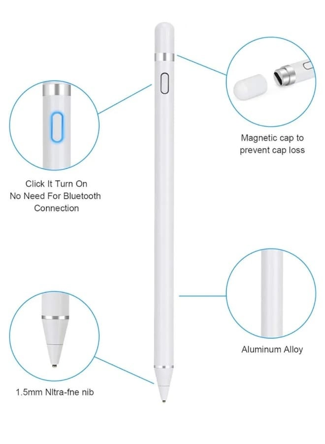 تقليدي قلم لمس نشط قابل لإعادة الشحن – طرف دقيق 1.2مم، متوافق مع Apple Pencil وiPad وiPhone وSamsung Galaxy Tab وHuawei وجميع الأجهزة اللوحية والهواتف بنظام أندرويد – كتابة سلسة بدون تأخير – لون أبيض - Image 2