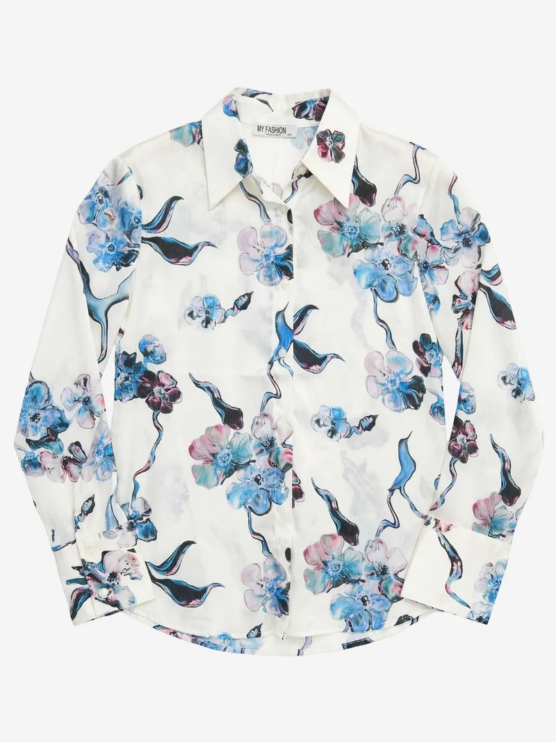 My Fashion Cerulean Blue MY FASHION Floral Button-Up Shirt with a Shirt Collar for Women | Best Price UAE