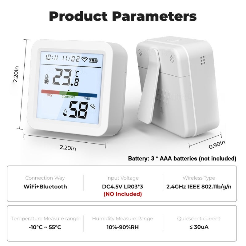 جهاز قياس درجة الحرارة والرطوبة من تويا بتقنية ZigBee، مزود بشاشة LCD بإضاءة خلفية، وإمكانية التحكم عن بُعد عبر تطبيق الهاتف المحمول، وربط ذكي، ومتوافق مع Google Home للتحكم الصوتي. - Image 2