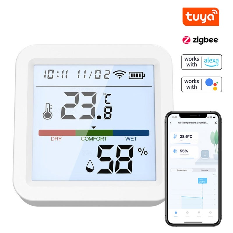 جهاز قياس درجة الحرارة والرطوبة من تويا بتقنية ZigBee، مزود بشاشة LCD بإضاءة خلفية، وإمكانية التحكم عن بُعد عبر تطبيق الهاتف المحمول، وربط ذكي، ومتوافق مع Google Home للتحكم الصوتي. - Image 1