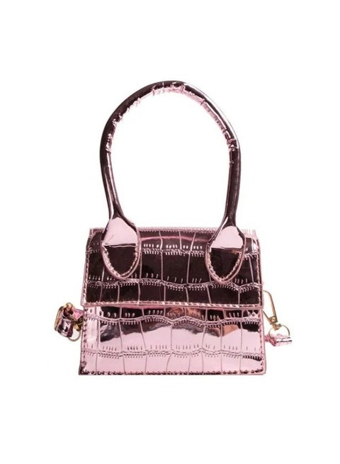 A small, square-shaped handbag with a crocodile-embossed pattern and a metal top handle for women; a small crossbody handbag with a flap closure.
