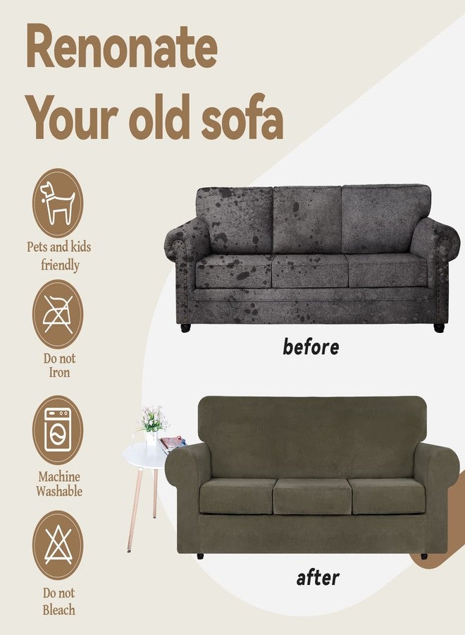 WEERRW 4 Pieces Velvet High Stretch Couch Covers for 3 Cushion Couch Sofa Slipcovers, Washable Furniture Protector with Non Slip Elastic Bottom, Feature Soft and Thick Plush Fabric, Light Brown, Large - Image 5