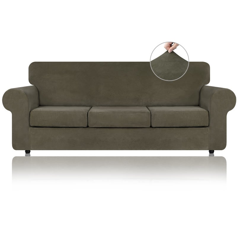 WEERRW 4 Pieces Velvet High Stretch Couch Covers for 3 Cushion Couch Sofa Slipcovers, Washable Furniture Protector with Non Slip Elastic Bottom, Feature Soft and Thick Plush Fabric, Light Brown, Large - Image 1