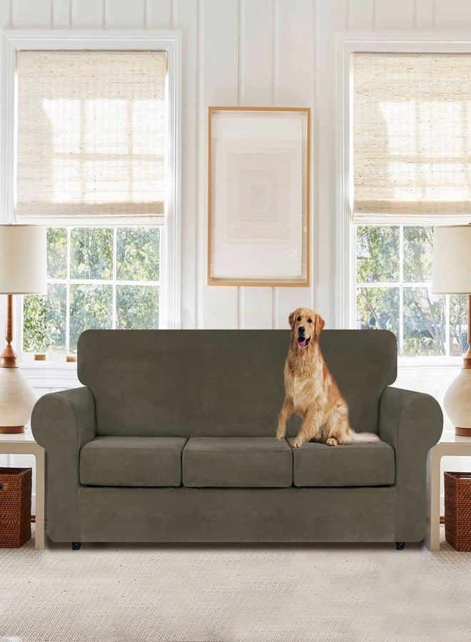 WEERRW 4 Pieces Velvet High Stretch Couch Covers for 3 Cushion Couch Sofa Slipcovers, Washable Furniture Protector with Non Slip Elastic Bottom, Feature Soft and Thick Plush Fabric, Light Brown, Large - Image 2