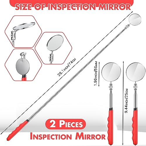 Copkim 2 Pcs Telescoping Inspection Mirrors Mechanics Mirror Tool with Long Handle Round Extendable Mirror on a Stick for Technicians Mechanics Contractors Checking Observation50mmRed - Image 3