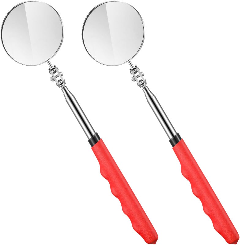 Copkim 2 Pcs Telescoping Inspection Mirrors Mechanics Mirror Tool with Long Handle Round Extendable Mirror on a Stick for Technicians Mechanics Contractors Checking Observation50mmRed - Image 2