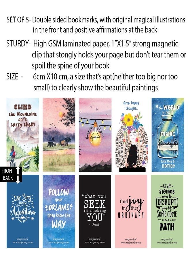 Antara Positive Affirmation Magnetic Bookmarks with Quotes | Set of 5 | Digitised Handpaintings | Laminated Matte Finish | Best Gift for bibliophiles | 2.25" X 3.8" | Magnetic Clip Attachment - Image 2