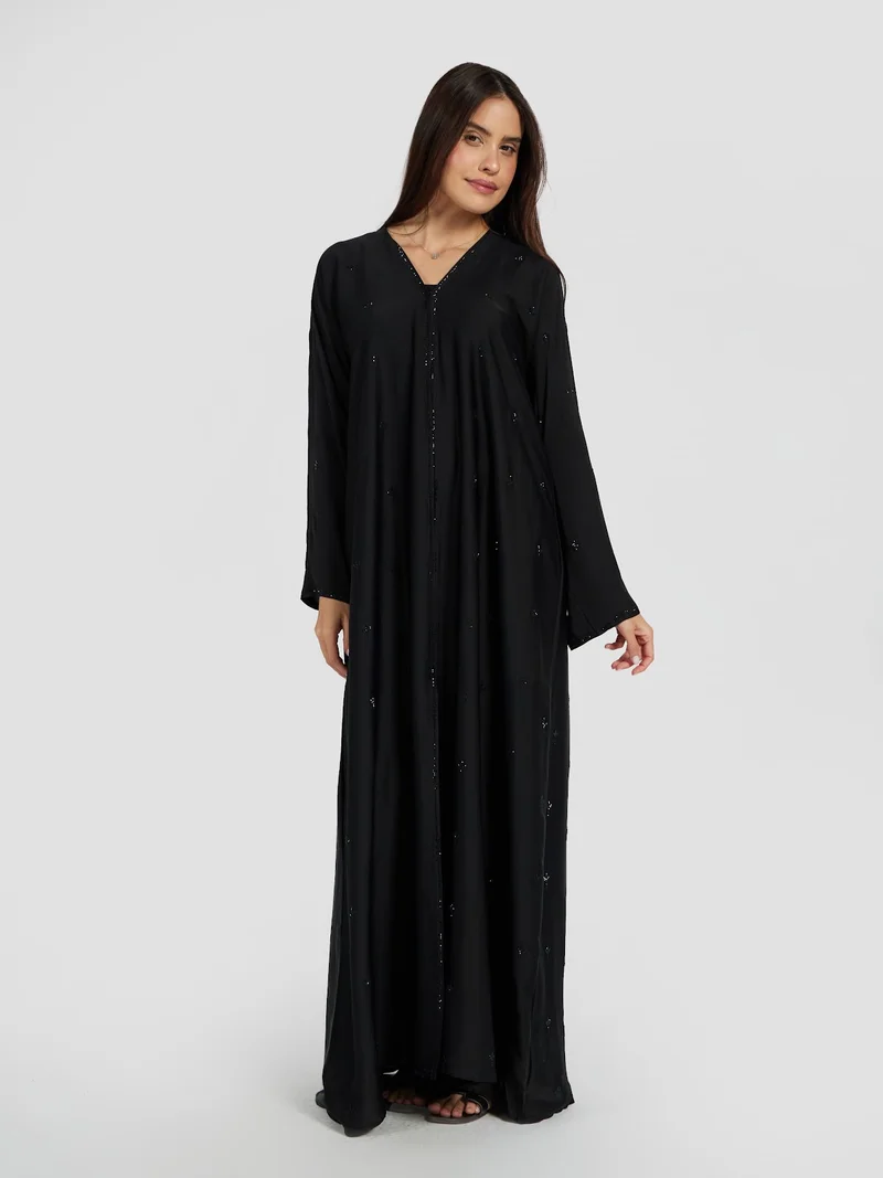 Reem Abayas Minimalist Black Abaya with Subtle Tonal Embroidery