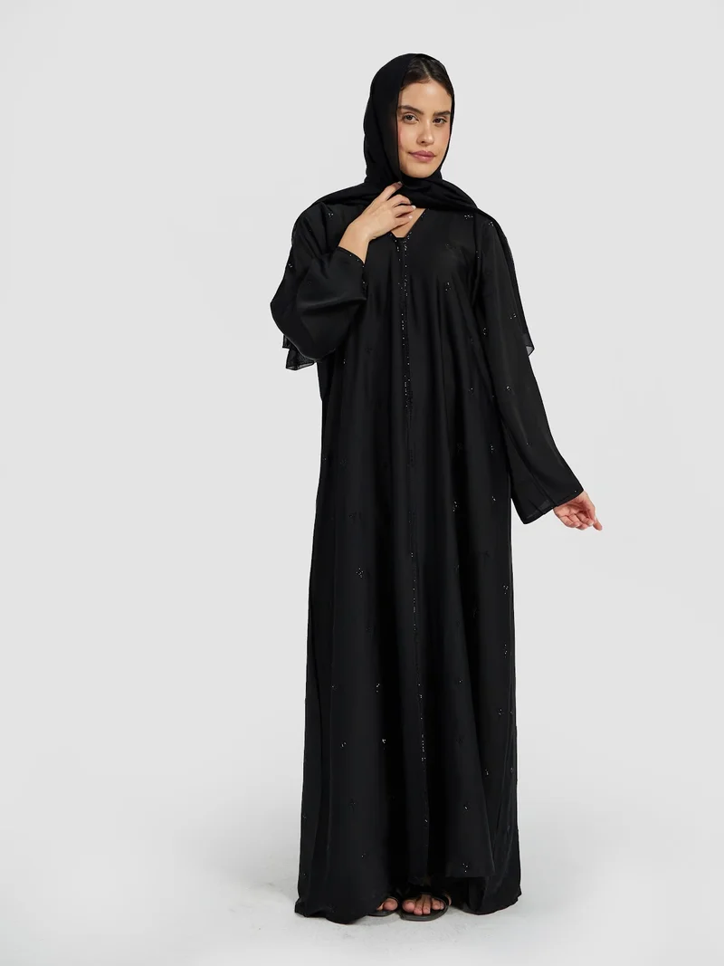 Reem Abayas Minimalist Black Abaya with Subtle Tonal Embroidery