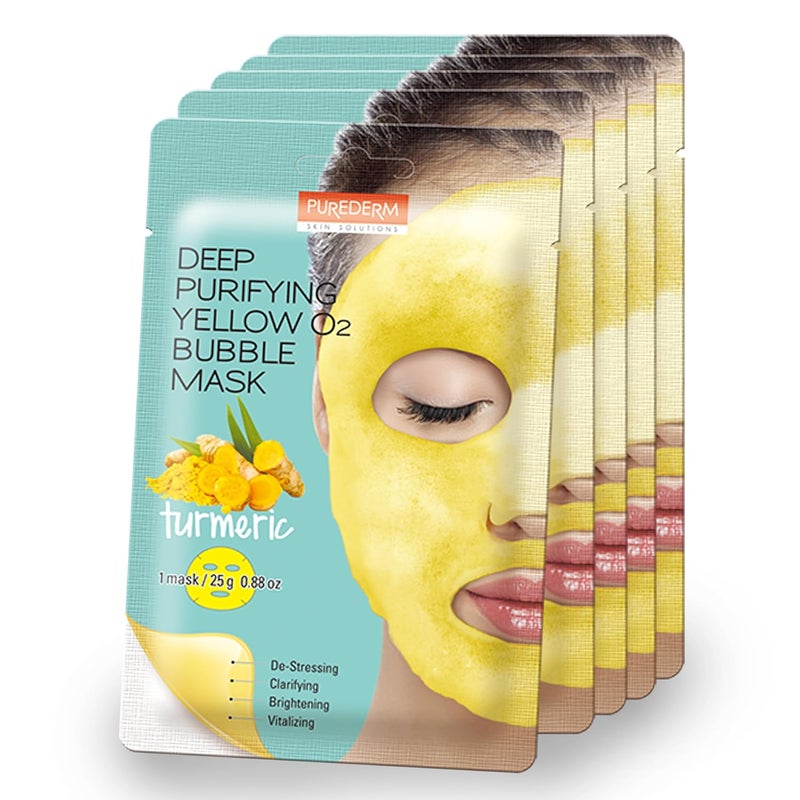 Purederm Deep Purifying Yellow O2 Bubble Mask Turmeric 5 Pack  Bubble Face Sheet Mask for Purifying  Vitalizing