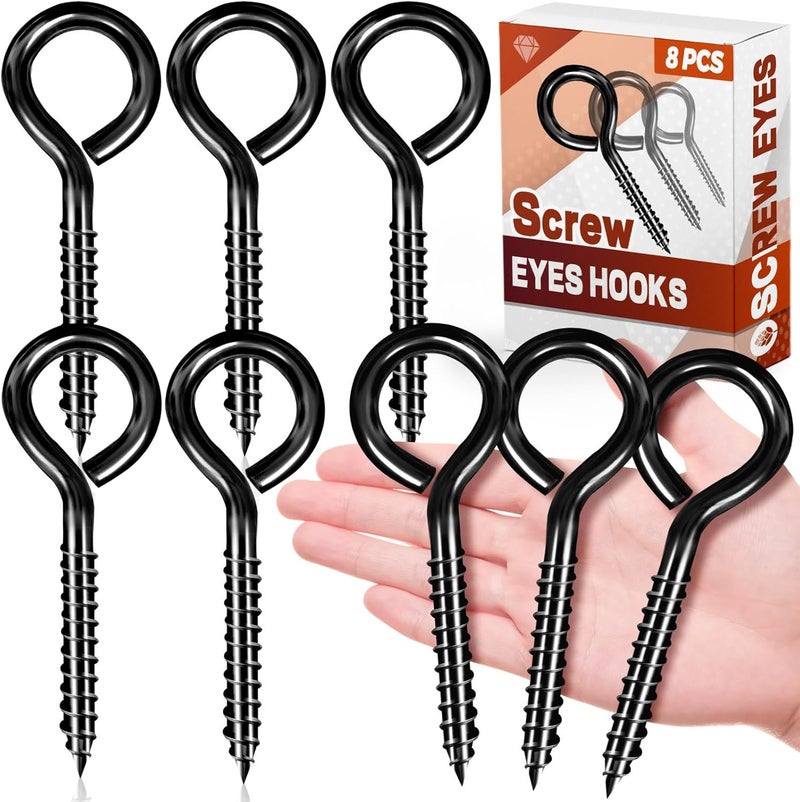 ZAUGONTW 5 Inch Stainless Steel Screw Eye, 8 Pack Eye Bolt Lag Screw, Black Eyes Hooks for Wood, Self Tapping Eyes Bolts, Securing Cables Wires, Sturdy Hanging Hooks for Indoor & Outdoor - Image 1
