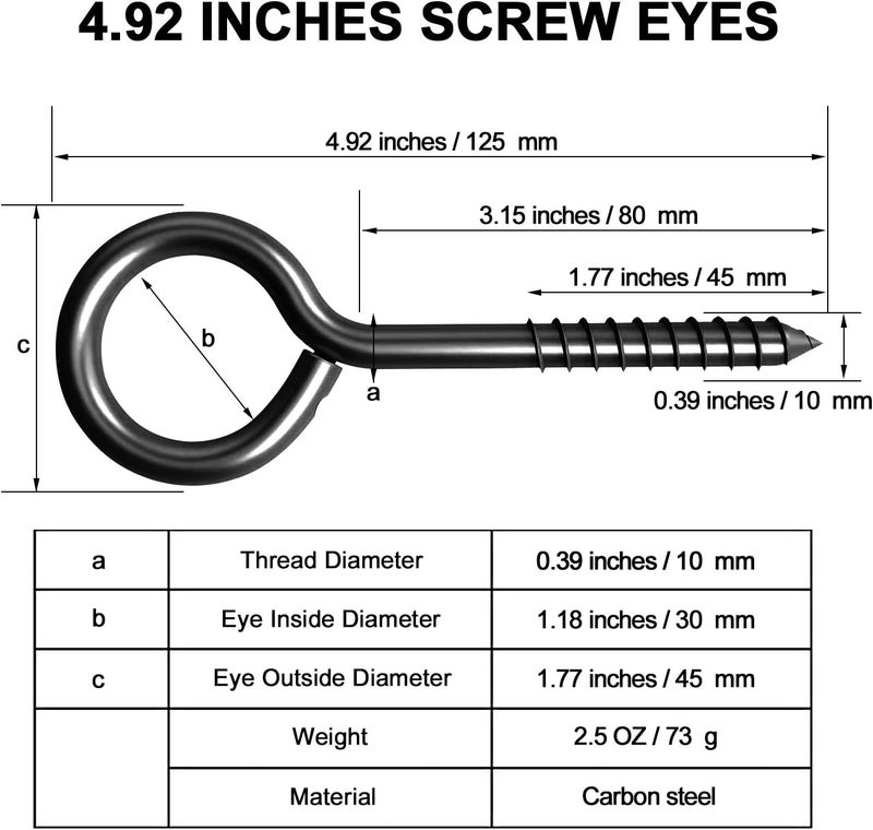ZAUGONTW 5 Inch Stainless Steel Screw Eye, 8 Pack Eye Bolt Lag Screw, Black Eyes Hooks for Wood, Self Tapping Eyes Bolts, Securing Cables Wires, Sturdy Hanging Hooks for Indoor & Outdoor - Image 2
