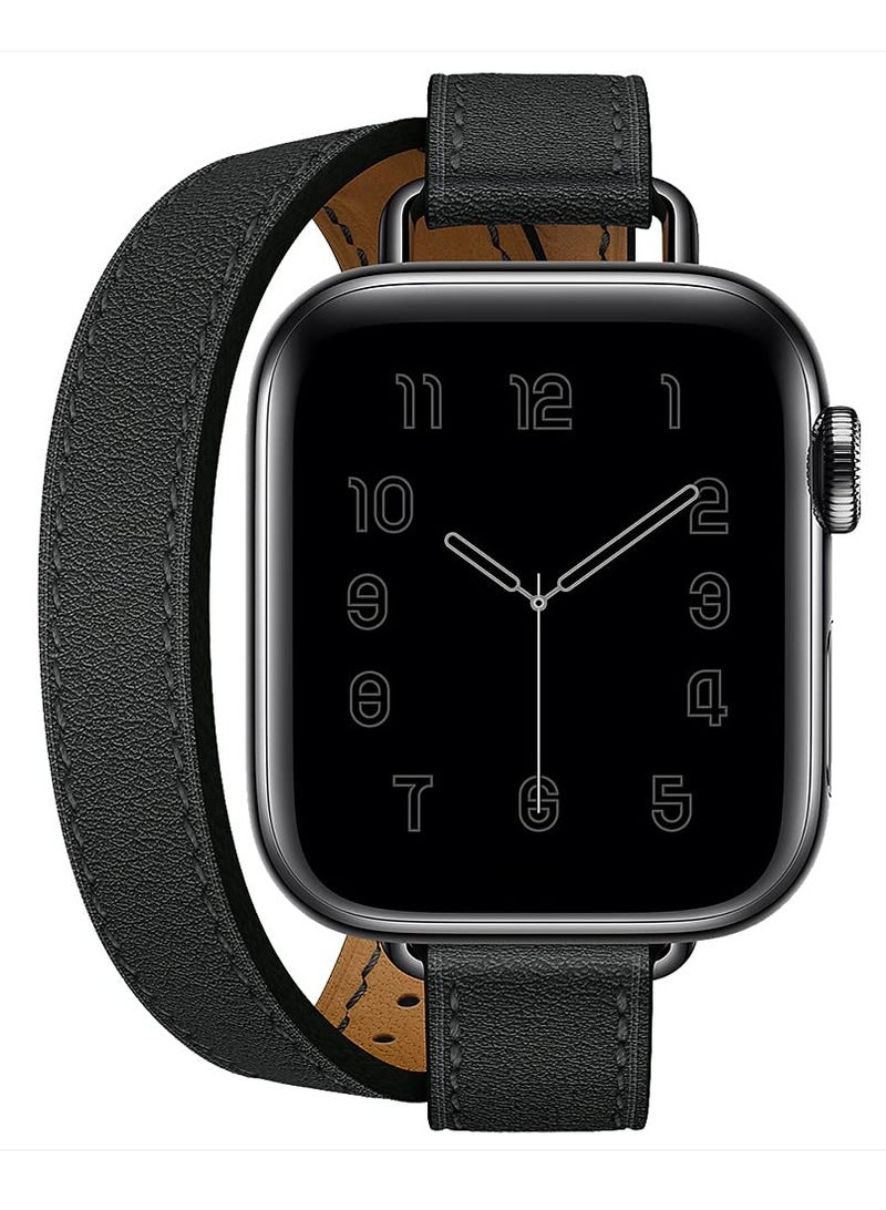 KASTWAVE Leather Women Double Tour Slim Wristband, Compatible with Apple Watch Band 38/40/41mm 42/44/45mm for iWatch SE Series 7/6/5/4/3, Black - Image 1