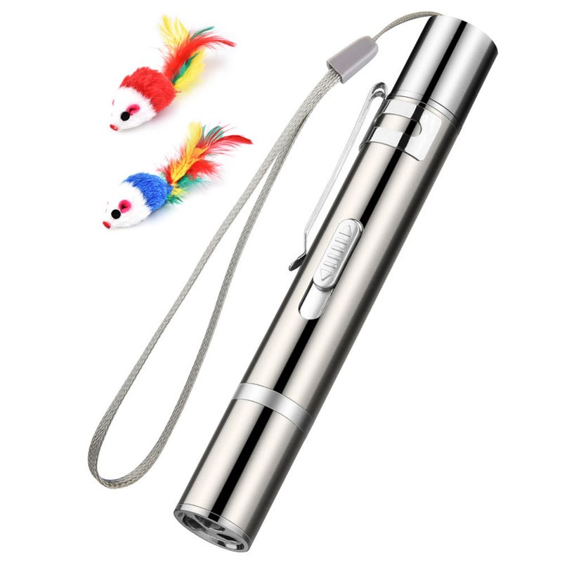 Tease Cat Pen Flashlight Toy: Silver Stainless Steel, 3 Lighting Modes, USB Charging - Easy One-Hand Operation, Portable Clip & Lanyard for Cat Owners - Image 1