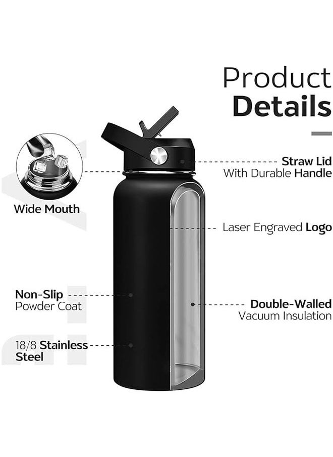 Arabest - Vacuum Insulated Stainless Steel Water Bottle with Straw & Spout Lids, Double Wall Sweat-Proof BPA Free to Keep Beverages Cold for 24Hrs or Hot for 12Hrs (black) - Image 1
