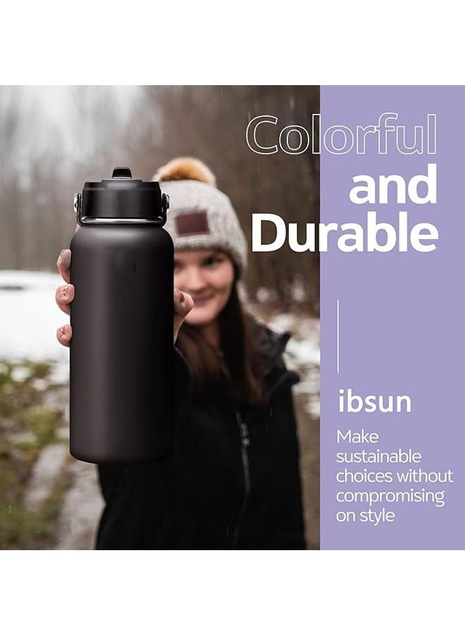 Arabest - Vacuum Insulated Stainless Steel Water Bottle with Straw & Spout Lids, Double Wall Sweat-Proof BPA Free to Keep Beverages Cold for 24Hrs or Hot for 12Hrs (black) - Image 1