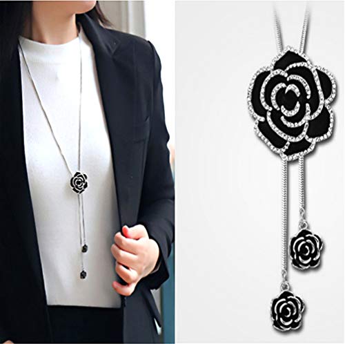 Sither Cathercing Rhinestone Black Rose Pendant Long Necklace for Women Sweater Chain Statement Necklace Choker Adjustable Elegant Jewelry Crystal Accessories Dressy Collocation Winter Evening Party Wedding - Image 2