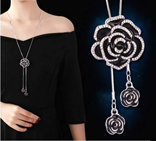Sither Cathercing Rhinestone Black Rose Pendant Long Necklace for Women Sweater Chain Statement Necklace Choker Adjustable Elegant Jewelry Crystal Accessories Dressy Collocation Winter Evening Party Wedding - Image 3