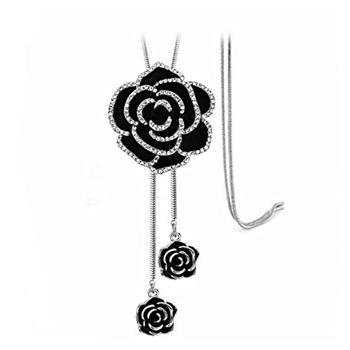 Sither Cathercing Rhinestone Black Rose Pendant Long Necklace for Women Sweater Chain Statement Necklace Choker Adjustable Elegant Jewelry Crystal Accessories Dressy Collocation Winter Evening Party Wedding - Image 1