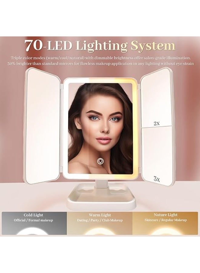syta Makeup Mirror with Lights and 30X/10X/5X Magnification, Detachable Vanity Mirror with 3 Colors Lights, Dimmable, Lighted Makeup Mirror with Magnification, Trifold Mirror for Travel Desk - Image 4