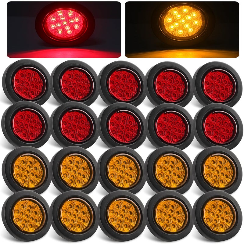 Konrali 2.5" Round LED Marker Lights 13 LEDs w/Reflectors, 10 Amber + 10 Red 2 1/2" Round LED Trailer Marker Lights Truck RV Side Clearance Marker Lights Sealed Flush Grommets Mount w/2 Prong Wire Pigtails - Image 1