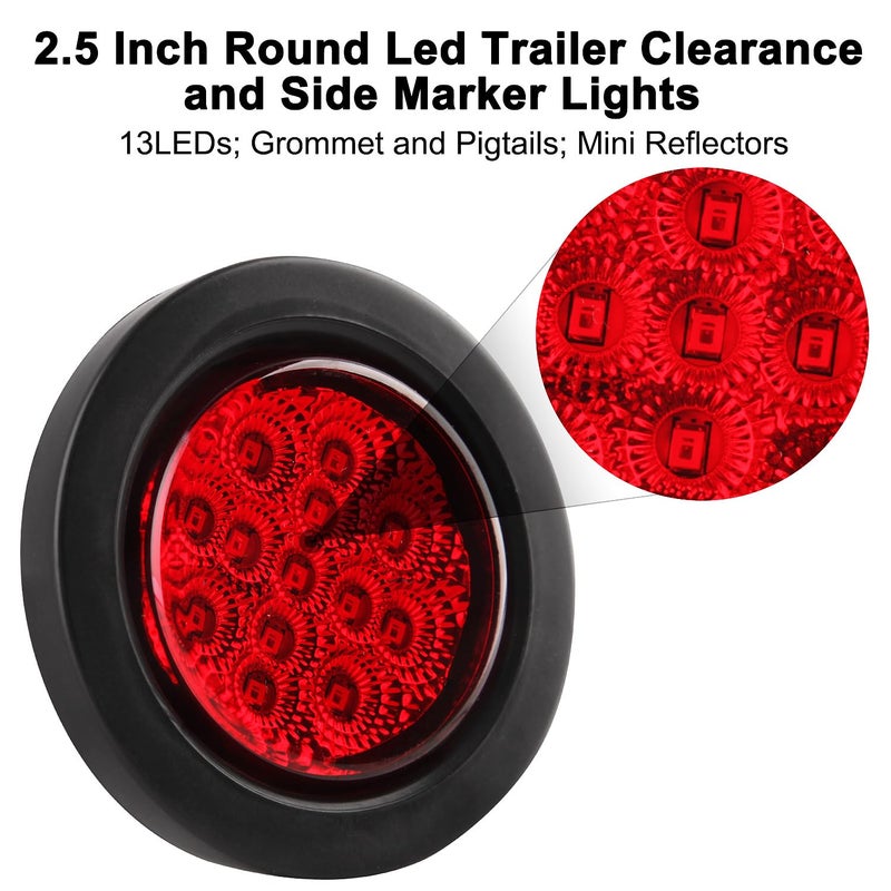 Konrali 2.5" Round LED Marker Lights 13 LEDs w/Reflectors, 10 Amber + 10 Red 2 1/2" Round LED Trailer Marker Lights Truck RV Side Clearance Marker Lights Sealed Flush Grommets Mount w/2 Prong Wire Pigtails - Image 2
