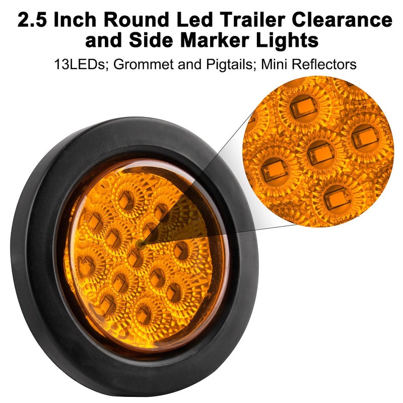 Konrali 2.5" Round LED Marker Lights 13 LEDs w/Reflectors, 10 Amber + 10 Red 2 1/2" Round LED Trailer Marker Lights Truck RV Side Clearance Marker Lights Sealed Flush Grommets Mount w/2 Prong Wire Pigtails - Image 3