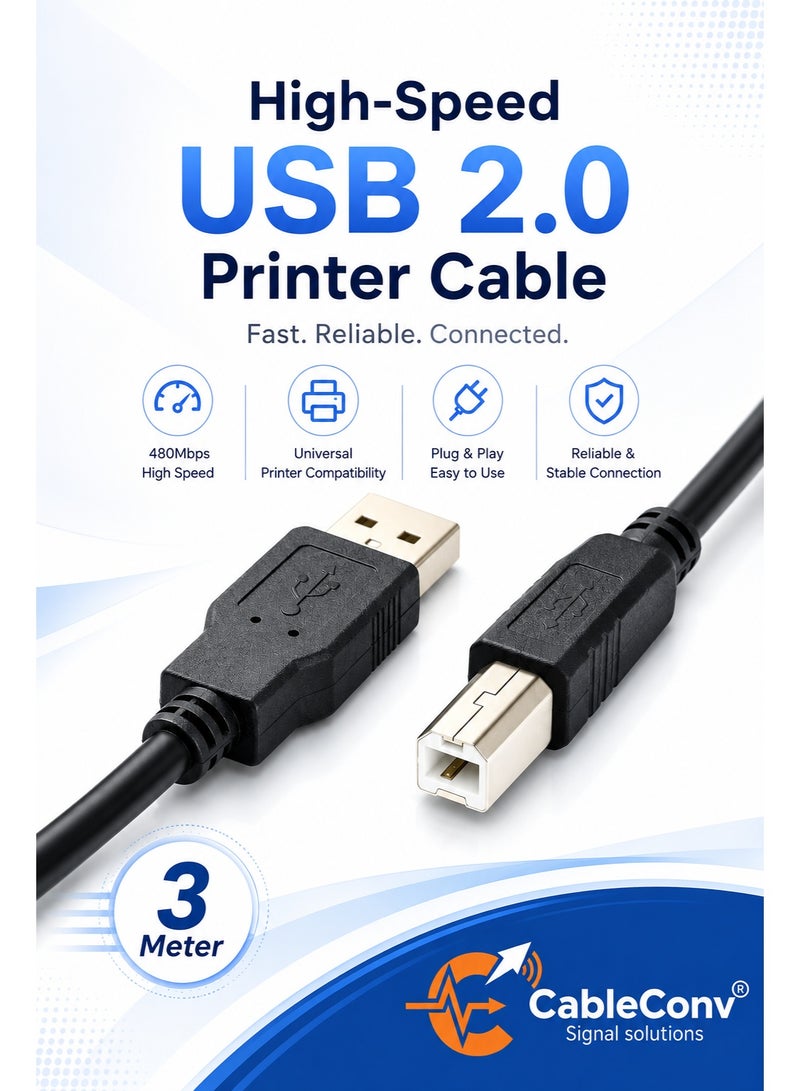 ​كابل كونف كابل طابعة، سلك طابعة USB 2.0 من النوع A ذكر إلى النوع B ذكر، سلك ماسح ضوئي عالي السرعة، متوافق مع HP، Canon، Dell، Epson، Lexmark، Xerox، Samsung وغيرها، أسود - Image 1