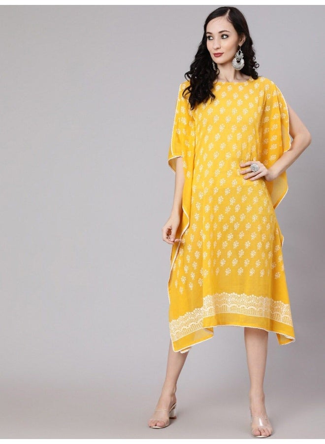 AKS Yellow Hand Block Printed Kaftan Dress - Image 3