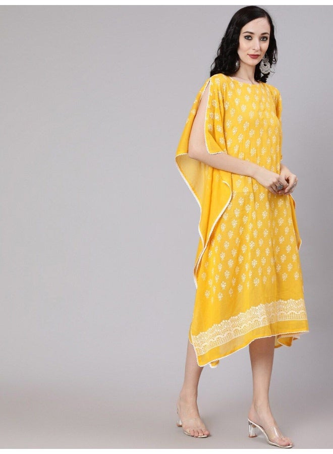AKS Yellow Hand Block Printed Kaftan Dress - Image 5
