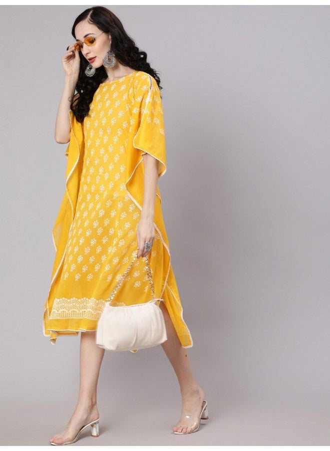 AKS Yellow Hand Block Printed Kaftan Dress - Image 1