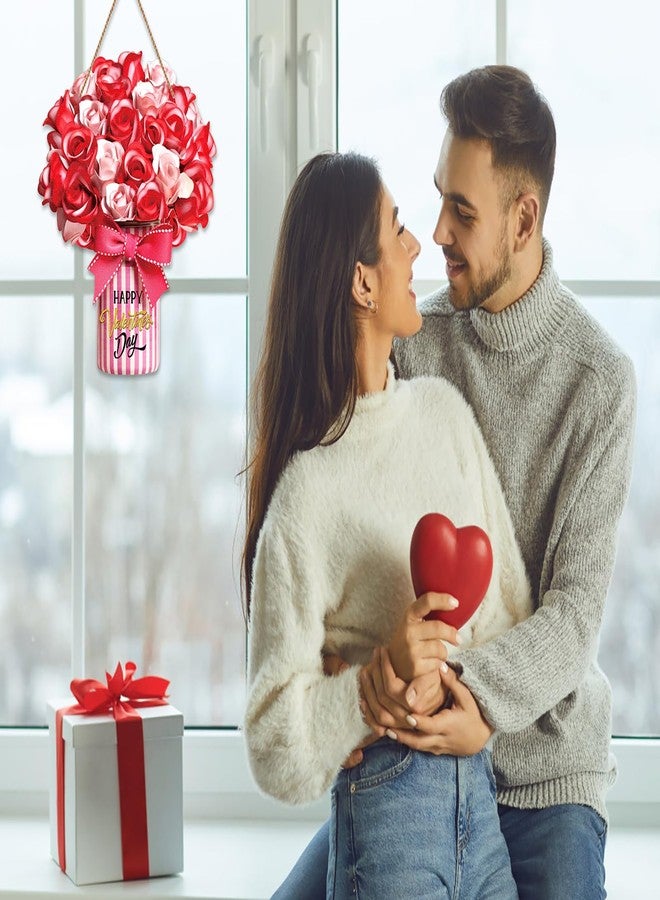 PETCEE Happy Valentine's Day Door Sign Valentines Day Door Decorations Farmhouse Welcome Sign for Front Door Rose Valentines Decorations Sign Valentines Day Hanger for Home Indoor Outdoor Decor - Image 2