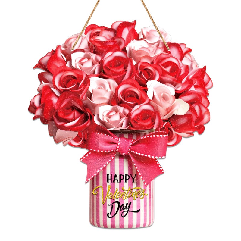 PETCEE Happy Valentine's Day Door Sign Valentines Day Door Decorations Farmhouse Welcome Sign for Front Door Rose Valentines Decorations Sign Valentines Day Hanger for Home Indoor Outdoor Decor - Image 1