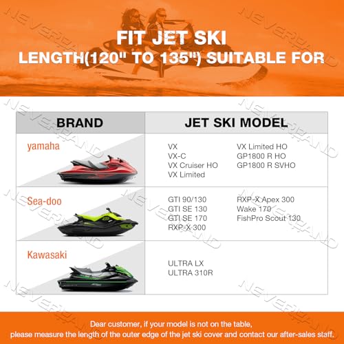 NEVERLAND Jet Ski Cover Suitable for 2 3 Seater Jetski Covers Heavy Duty Waterproof 210D with 2 Air Vent Marine Grade UV Resistant Compatible with Yamaha Sea-Doo Kawasaki Lengths 120'' to 135" - Image 2