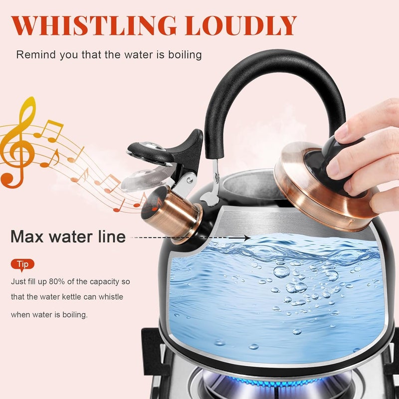 GGC 2.6QT Tea Kettle for Stove Tops, Whistling Tea Kettles for Boiling Water Coffee or Milk, Black Stainless Steel Tea Pots with Folding Handle, Thumb Design Control Kettle Outlet - Image 3