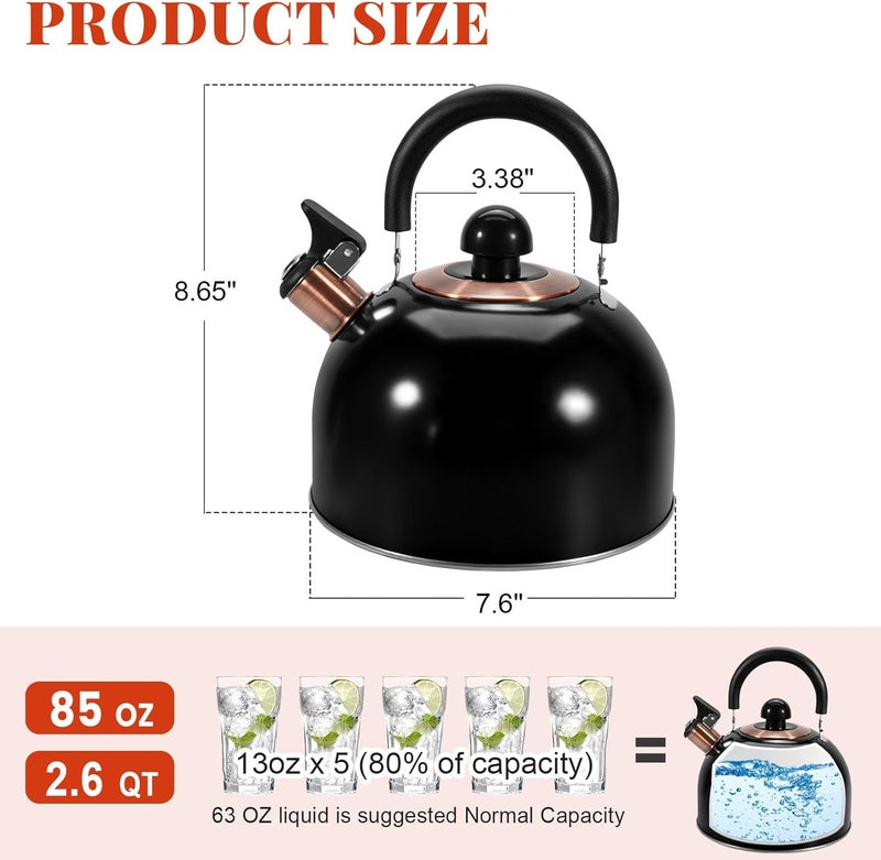 GGC 2.6QT Tea Kettle for Stove Tops, Whistling Tea Kettles for Boiling Water Coffee or Milk, Black Stainless Steel Tea Pots with Folding Handle, Thumb Design Control Kettle Outlet - Image 2